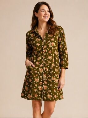 Tuckernuck Hazel Olive Brown Floral corduroy popover dress NWT
